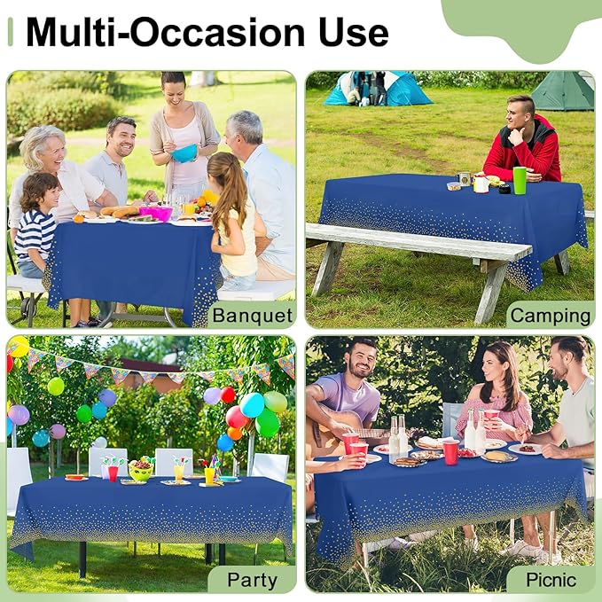 misaya 10 Packs Dot Disposable Table Cloth, 54 x 108 Inch Waterproof Plastic Tablecloth, Rectangle Gold Dots in Navy Table Covers for Picnic, Birthday, Party