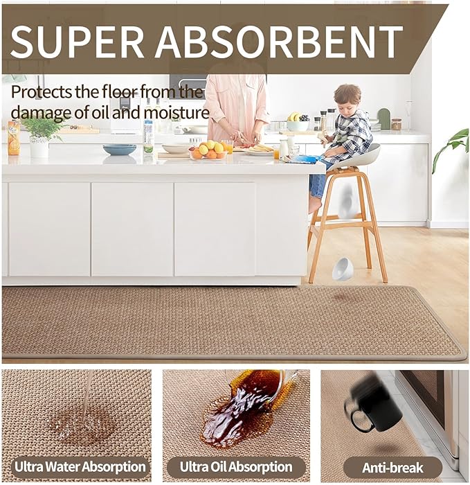 Kitchen Mats for Floor, Super Absorbent Kitchen Rugs Non Slip Washable, Soft Imitation Linen Braided Kitchen Runner Rug, Standing Mat Kitchens Sink Mat, Easy to Clean, Brown 17x71