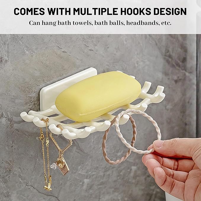 Soap Bar Holder for Shower Wall, Self Draining Soap Dish with Hooks, No Drilling, Bathtub Kitchen Sink Waterproof Adhesive Wall Mounted Dish (4 Pack, White)