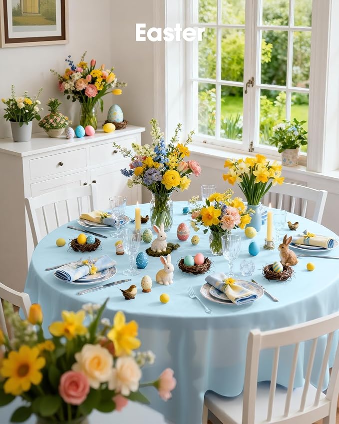 Pureegg Plastic Table Cloth Disposable 10 Pack, 84'' Round Table Cloths, Easter Party, Picnic, Wedding, Decorative Tablecloths, Round, Baby Blue Plastic Cover, Leakproof & Sturdy, Light Blue