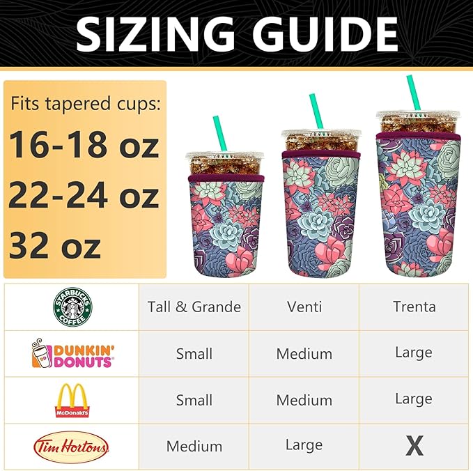 YR Reusable Neoprene Insulator Sleeve for Iced Coffee Cups, 3 Pack Coffee Coolies sleeves for Iced & Hot Drinks, Cold Beverage Cooler Compatible with Starbucks Coffee and More (Succulent)