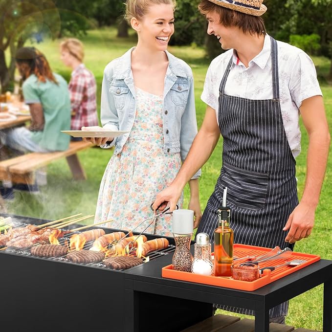 MealHelper Silicone Griddle Tools Mat, Grill Mat for Outdoor Grill with Seasoning Jars Holder, Side Shelf Pad for Grilling Accessories, BBQ Tool Rest, Kitchen Aid Accessories and Attachments(Orange)