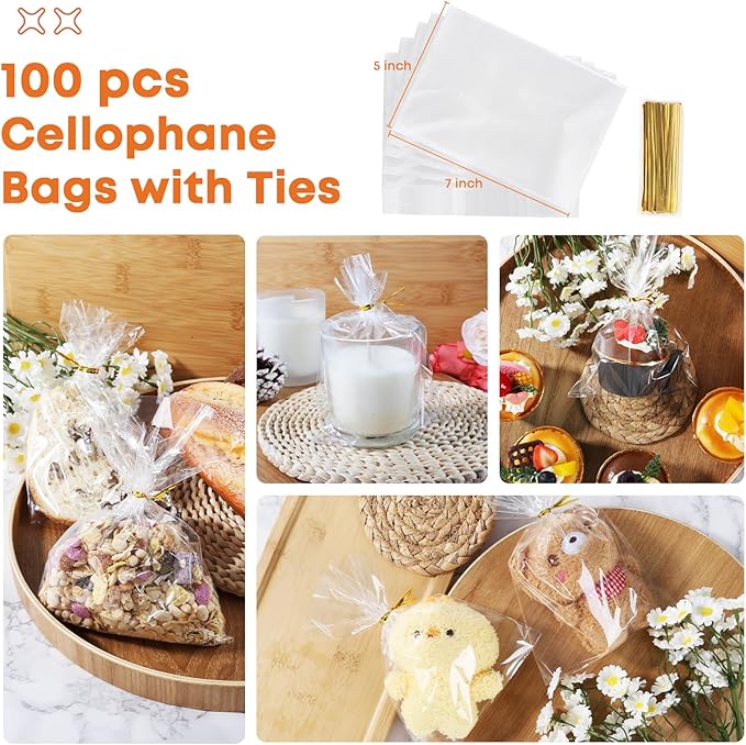 SUREHOME Cellophane Treat Bags 5x7 In 100 Pcs Individual Cookie Bags Small Plastic Clear Gift Bag with Ties for Gift Giving Birthday Party Favors Candy Snack Dessert Baked Goods Packaging