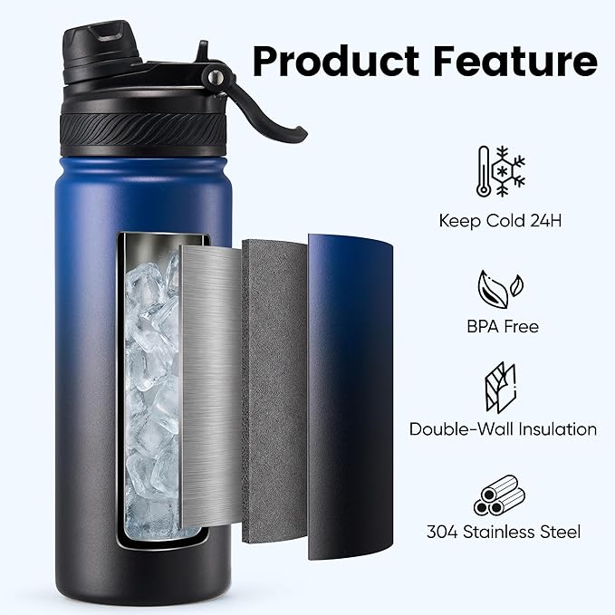 Fijinhom 18 oz Insulated Water Bottle, 2-in-1 Straw and Spout Lid Stainless Steel Thermos, Leak-Proof, Double Wall Vacuum Flask, Keep Cold 24H for Outdoor, Sports, Travel, School (Blue&Black)