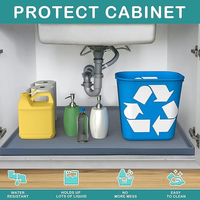 URMONA Waterproof Silicone Under Sink Mat 25'' x 19'' Shelf Liner for Kitchen and Bathroom, Cabinet and Counter Protector, Storage and Organizers, Litter Mat, Pet Cat Puppy Essentials(Navy)