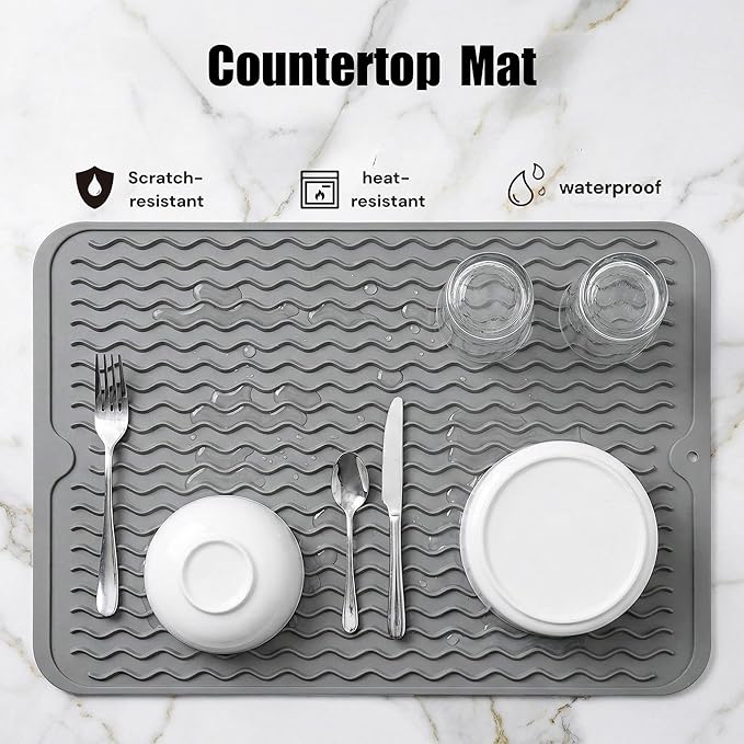 Silicone Dish Drying Mat for Kitchen Counter or Sink, Refrigerator or Drawer Liner, Easy Clean, Eco-Friendly, Heat-Resistant, Grey, 16 inches x 12 inches