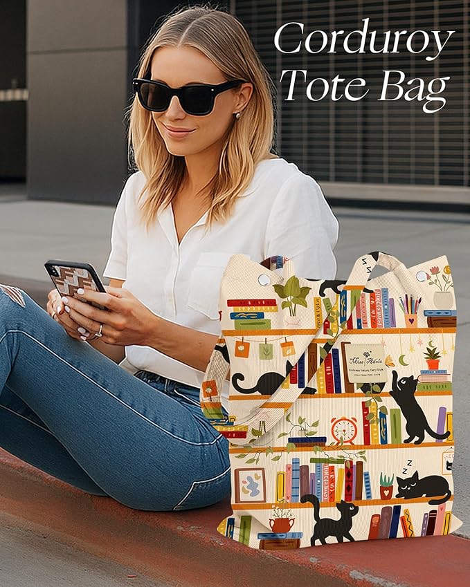 Miss Adola Corduroy Tote Bag for Women - Reusable Totes with Magnetic Buckle & Pocket Aesthetic Design Work Grocery Bags