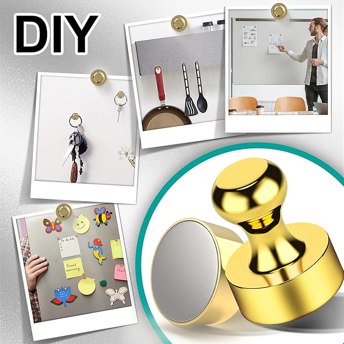 Metallic Magnets, Refrigerator Magnets, 24 Pack Gold Magnetic Push Pins, Strong Fridge Magnets, Multi-use Whiteboard Magnets Perfect for Kitchen Office Classroom