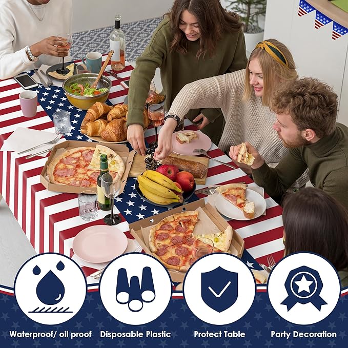 OHOME 4th of July Decorations - Patriotic American Flag Plastic Tablecloth for 250th Anniversary | Fourth of July Accessories Memorial Day Decor for Home Outdoor Outside Party Favors,54"x108",2 Pack