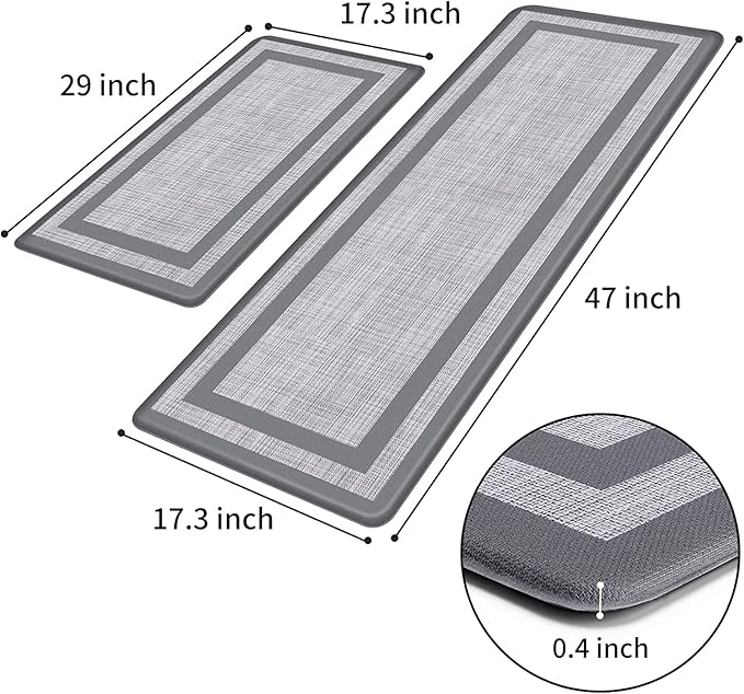 Mattitude Kitchen Mats Set of 2,Cushioned Anti-Fatigue Non-Skid Rug Sets Ergonomic Comfort Standing Mat for Kitchen, Floor, Office, Sink, Laundry, Gray and Gray