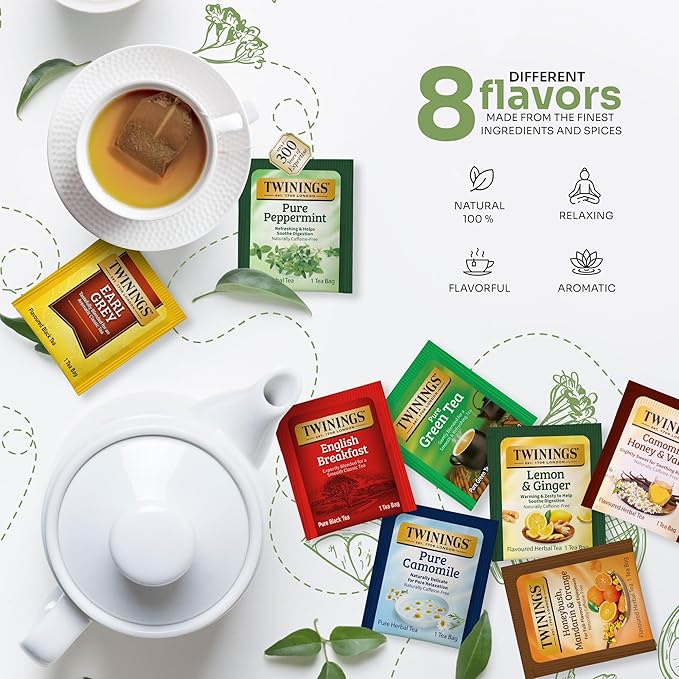 Twinings 48 Tea Bags Herbal Variety Pack – 8 Flavors Individually Wrapped, Mix of Black, Green, and Herbal Teas, Perfect Tea for Any Occasion
