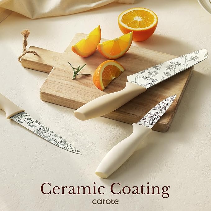 CAROTE 12PCS Knife Set, Kitchen Knife Set with 6 Blade Guards, Stainless Steel Knives Set With Nonstick Ceramic Coating, Rustproof, Delicate Floral Designs, White (Pack of 2)
