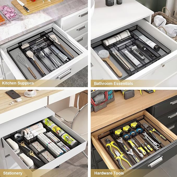 Silverware Organizer Metal Mesh, Large Drawer Organizer, Utensil Cutlery Tray for kitchen drawers, Expandable Flatware Organizer with 8 Compartment Black 11.6"~20" x 17.3"