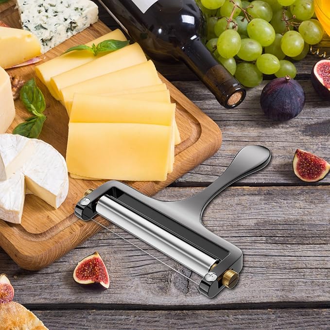 TOPULORS Cheese Slicer Cheese Cutter Stainless Steel Wire Cheese Slicer for Mozzarella, Cheddar, Gouda, And More Block Cheese - Heavy Duty Slicer With 1 Extra Replacement Cutting Wire - Gunmetal Gray