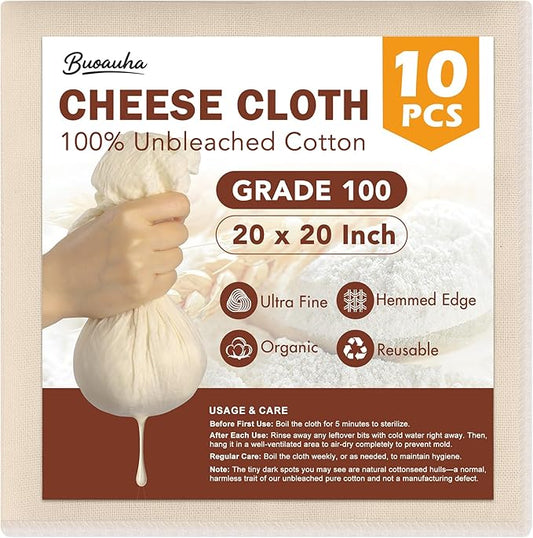 10 PCS Cheesecloth, 20x20 Inch – 100% Unbleached Cotton, Reusable Hemmed Cheese Cloths for Straining, Nut Milk, Baking and Cheese Making (Grade 100)