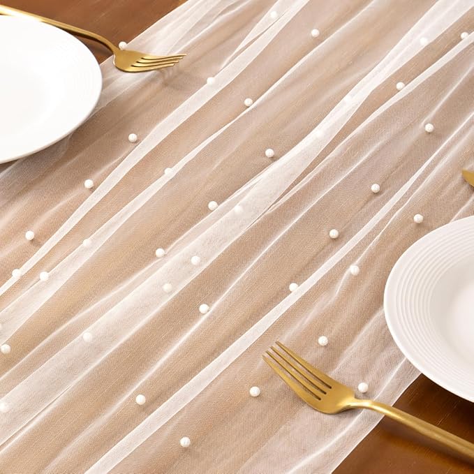 Socomi Pearl Table Runner Tulle Summer Cheesecloth 10FT Gauze Cheese Cloth Sheer Chiffon Wedding Birthday Party Baby Shower Bridal Anniversary Holiday Centerpiece Table Decor 3pcs Ivory White