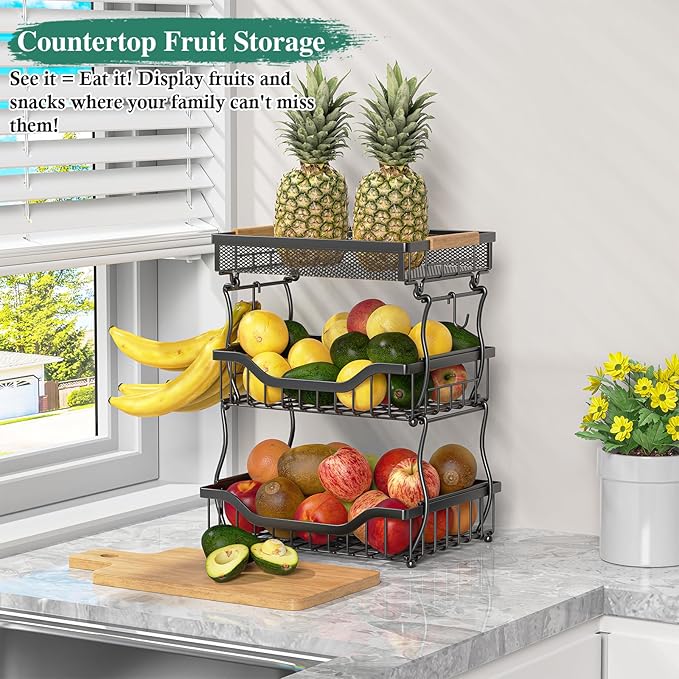 OKZEST 3-Tier Fruit Basket for Kitchen Counter, Wall Hanging Fruit Bowl and Kitchen Countertop Organizer with 2 Banana Hangers, Fruit Storage Stand for Storing Potato Onion Snack Bread Fruit Veggie
