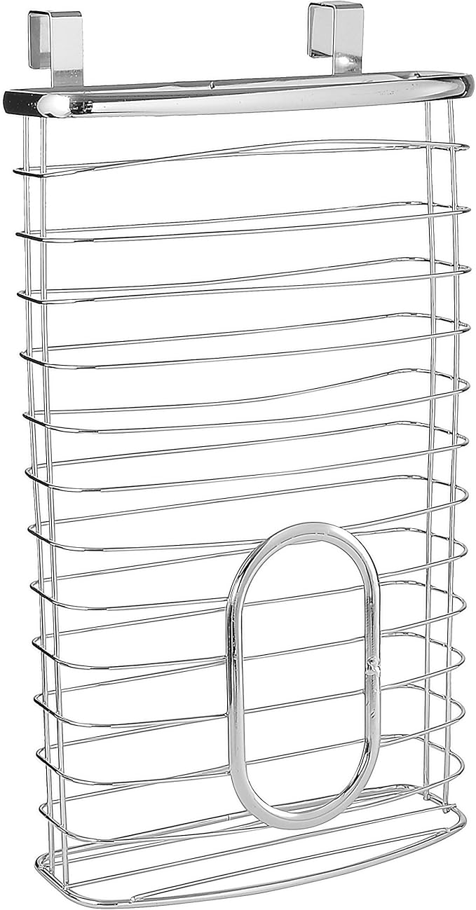 YBM Home Plastic Bags Container and Dispenser for Grocery Bags, Metal Over the Cabinet Door Storage Bags Holder Organizer Holds Up to 50 Plastic Shopping Bags, Silver