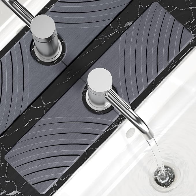 Stone Faucet Mat for Kitchen Sink - Fast Drying Diatomite Stone Drying Mat, Textured Drainage Sink Protector, Water Splash Guard with Base Pads for Bathroom Counter (15.7x4 in, Dark Gray)