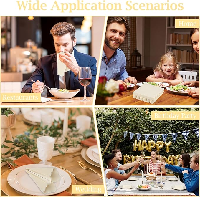 100 Pcs Cocktail Napkins, 2-Ply 5 x 5 Inches Disposable Scalloped Napkins, Thick Premium Dessert Napkins for Party, Wedding, Dinner, Birthday, Anniversary, Festival (Milky-White)