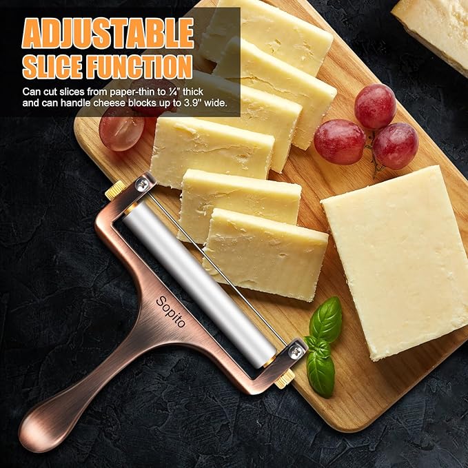 Sopito Cheese Slicer Stainless Steel With 3 Extra Wires Great for Cheddar, Gruyere, Raclette, Mozzarella Cheese Block, Adjustable Thickness, Copper
