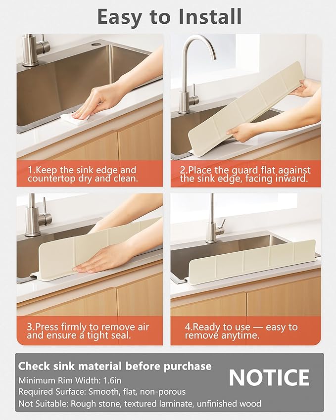 Kitchen Sink Splash Guard 18" Self-Draining Silicone Water Guard with High Splash Wall & Strong Suction Cups for Faucet, Countertop & Sink Edge, Keeps Sinks Dry, Dishwasher Safe,Cream