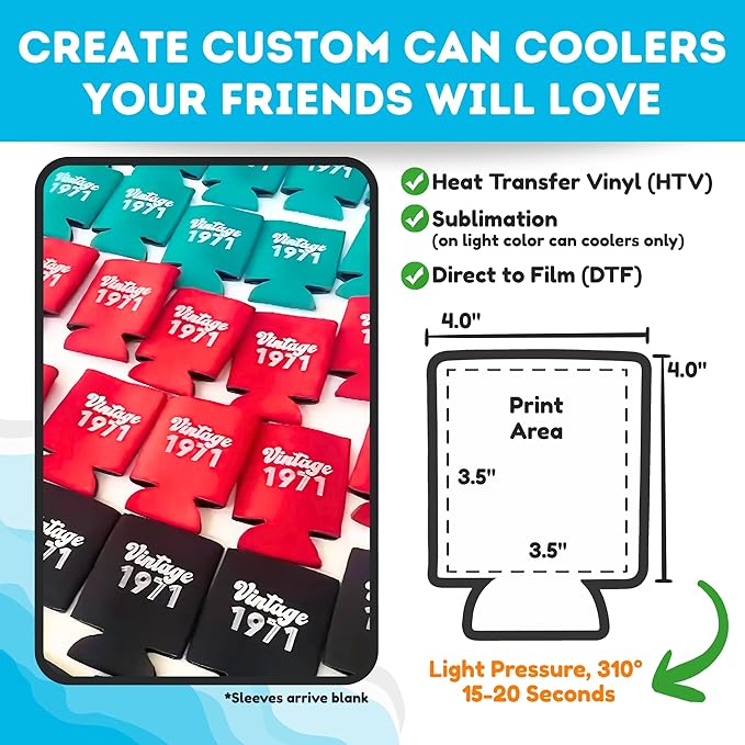 TahoeBay Bulk Blank Beer Can Cooler Sleeves (50-Pack) Sublimation Blanks for Vinyl Plain Soft Foam Can Sleeves Coolers for Soda Cans & Bottles Black, White, Assorted Solid Color (Neon Blue)