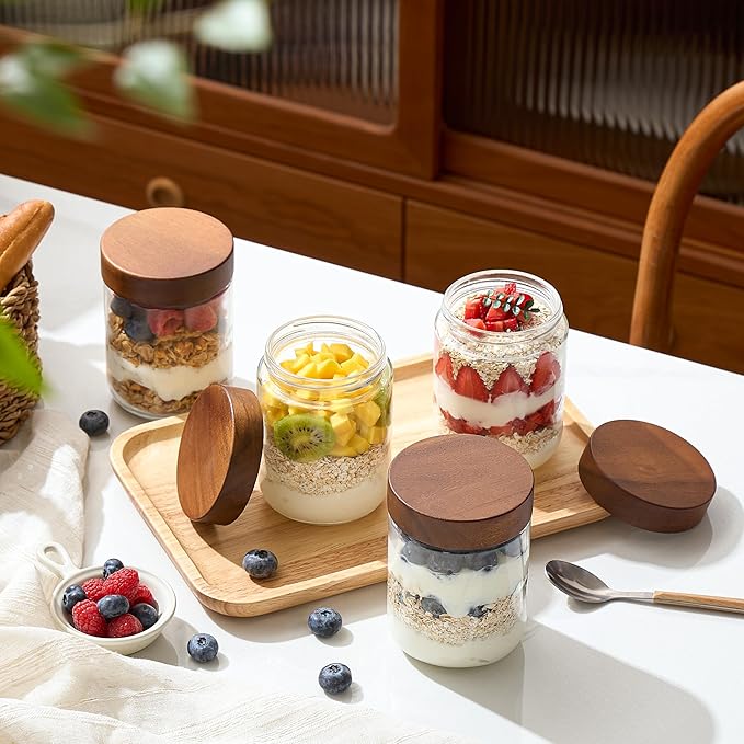 Danmu 16 oz Overnight Oats Containers with Lids,Salad Jar,Glass Jar with Wooden Lid 4 Pack,Mason Jars 16 oz with Lids for Snack,Overnight Oats,Meal Prep,Yogurt,Parfait,Soup,Salad 100% Leak-proof