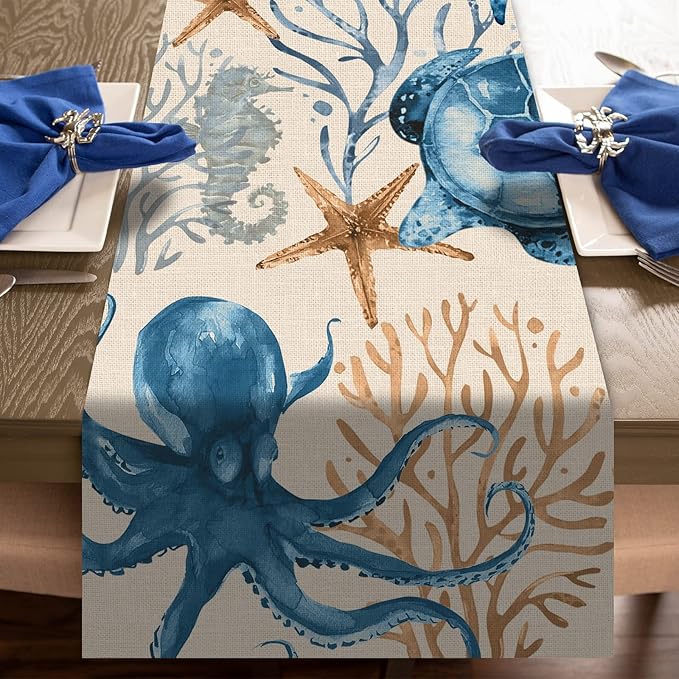 Seliem Summer Octopus Turtle Starfish Coral Coastal Table Runner, Under The Sea Home Kitchen Dining Teal Marine Life Decor, Ocean Creature Nautical Beach Decorations Indoor Outdoor Party Supply 13x60
