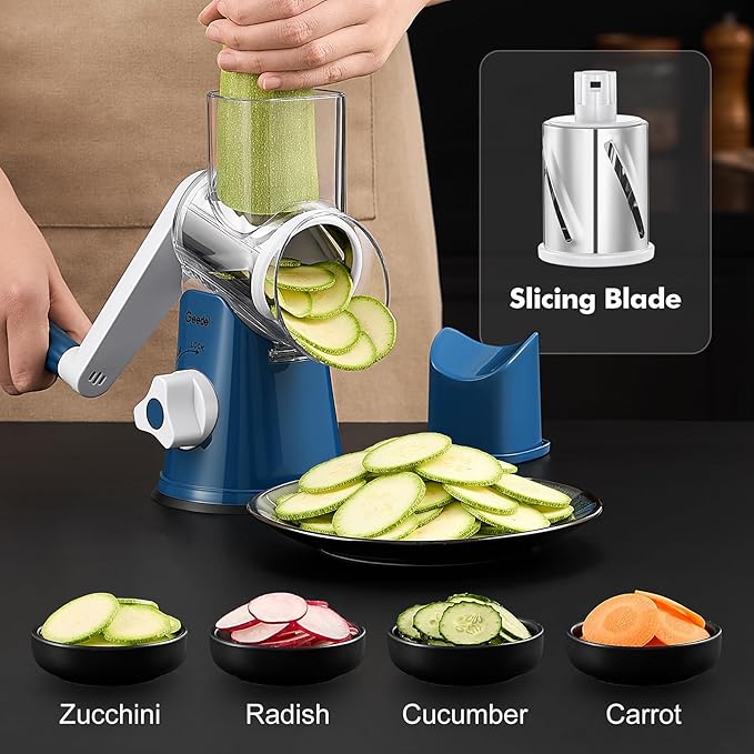 Geedel Rotary Cheese Grater, Kitchen Mandoline Vegetable Slicer with 3 Interchangeable Blades, Easy to Clean Rotary Grater Slicer for Fruit, Vegetables, Nuts
