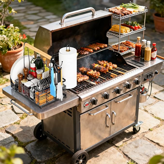 JBBTOOL Grill Caddy, BBQ Caddy with Paper Towel Holder & Utensil Holder, Picnic Caddy Organizer for Outdoor Cooking, Camping Essentials, Tailgating, Camping Must-Have for Patio, RV, Camper