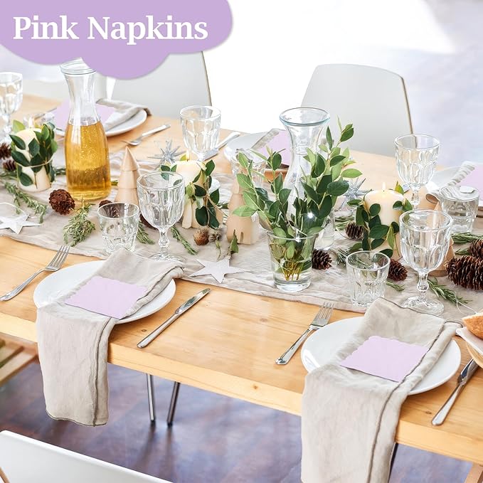 100 Pcs Cocktail Napkins, 2-Ply 5 x 5 Inches Disposable Scalloped Napkins, Thick Premium Dessert Napkins for Party, Wedding, Dinner, Birthday, Anniversary, Festival (Light Purple)