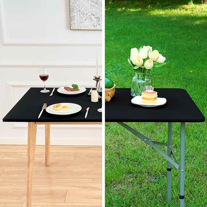 NEWISHER Fitted Rectangle Tablecloth 42 x 72 Inch Elastic Table Cloth Stretch Spandex Table Cover Black Washable Polyester Tables Top Cap Cover for Dining Picnic Camping Indoor and Outdoor
