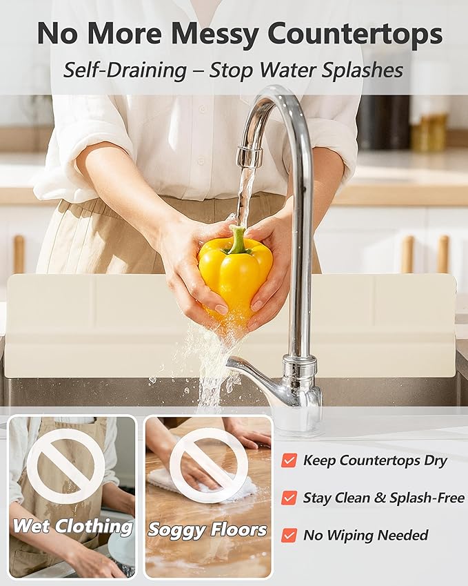 Kitchen Sink Splash Guard 18" Self-Draining Silicone Water Guard with High Splash Wall & Strong Suction Cups for Faucet, Countertop & Sink Edge, Keeps Sinks Dry, Dishwasher Safe,Cream