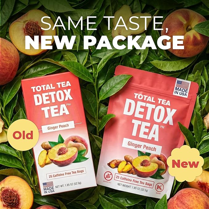 Total Tea SIimming Detox Tea Caffeine Free - 25 Day Detox - Weight l0ss for women with Chamomile, Hibiscus Tea & Ginger Root for Colon Cleanse – Natural Herbal Ginger & Peach Fruit Tea for Digestive Health