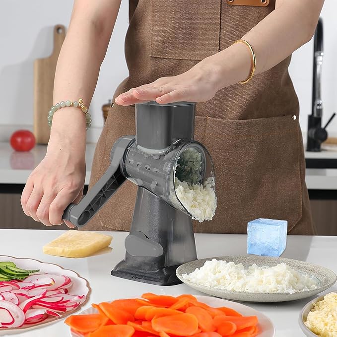 KalraMay Cheese Grater,Rotary Cheese Grater with Handle, Multifunctional Rotary Cheese Shredder Effortlessly Grates Cheese, Vegetables, and Fruits (Gray)