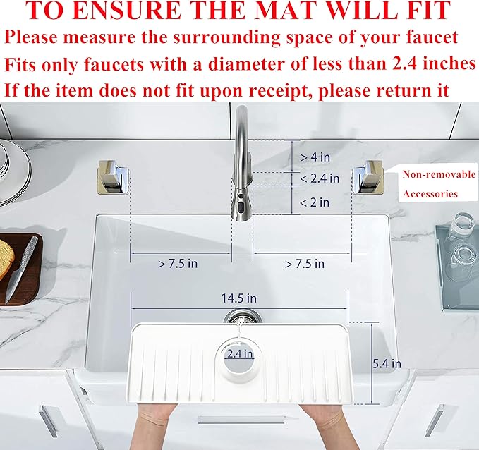 Sink Splash Guard 14.4” x 5.4” - Sink Faucet Mat with Faucet Water Catcher Mat & Soap Dish & Sponge Holder 3 in 1 - Silicone Faucet Handle Drip Catcher Tray for Kitchen RV & Bar Faucet, White