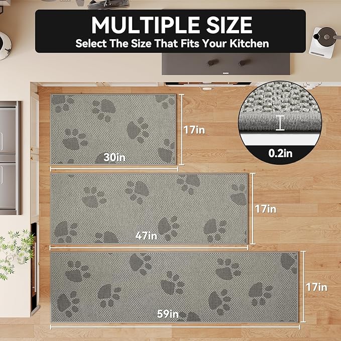 Kitchen Mats for Floor, Super Absorbent Kitchen Rugs Non Slip Washable, Rubber Backing Soft Woven Linen Embroidery Runner Rug, Standing Mat Kitchen Sink Mat, Easy to Clean, Gray 17x47