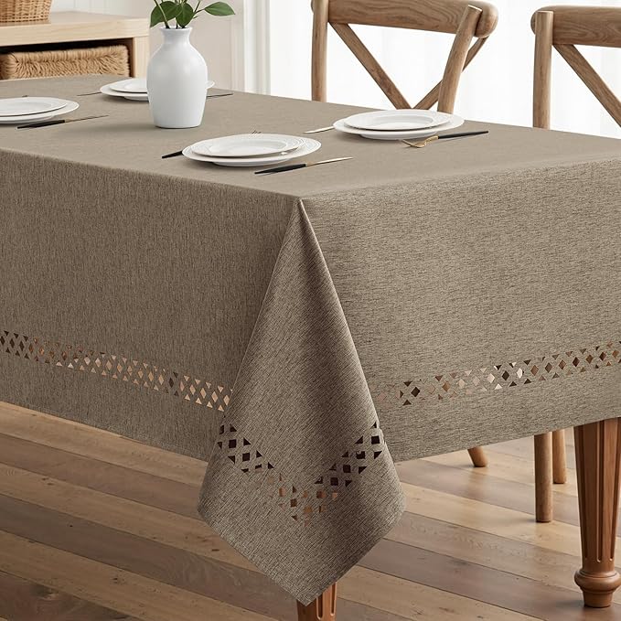 MIULEE Khaki Rectangle Linen Polyester Tablecloth with Decorative Cutouts Waterproof Stain Resistant & Shrink-Proof Table Cloth 52x70 inch Farmhouse Style for Dining Wedding Party and Outdoor Picnics