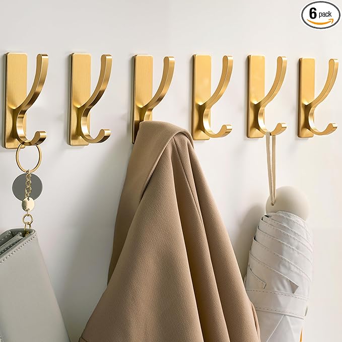 pickpiff Adhesive Wall Hooks for Towels - Sticky Hook Hanging Heavy Duty (13lb), Hanger for Door, Bathroom, Dorm, Closet - for Coats, Purse, Bag, Robe - No Damage to Wall - Gold 6 Pack