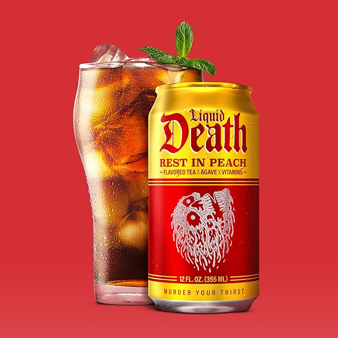 Liquid Death Iced Tea - Rest In Peach (Peach-Flavored Black Tea), Less Sugar*, Boost of Caffeine, B Vitamins, No Artificial Sweeteners, 12 Fl Oz (Pack of 12)