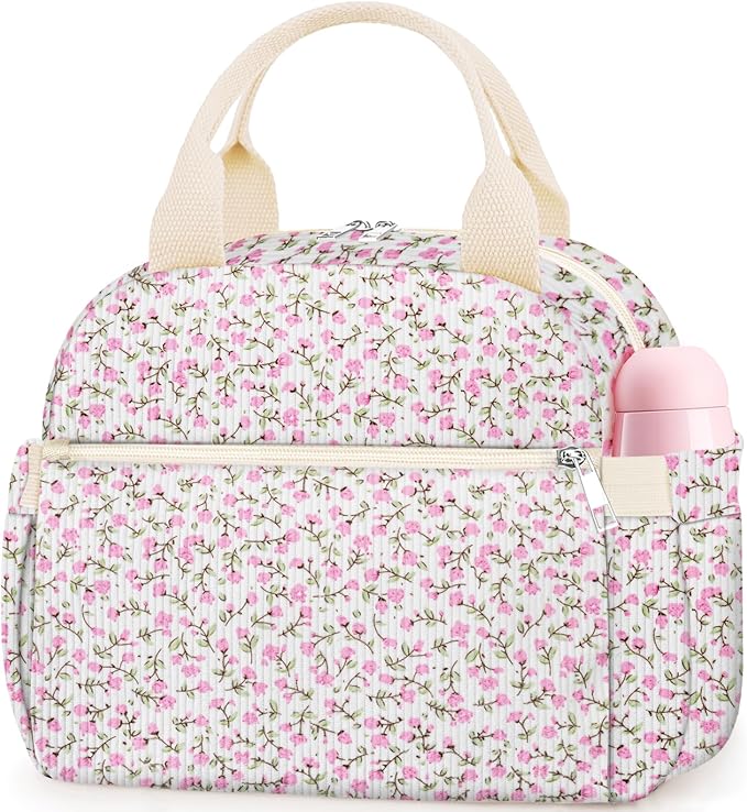KUBYA Lunch Box for Women, Cute Flower Corduroy Insulated Lunch Bag Women Reusable Work Leakproof Simple Adults Large Lunch Boxes Tote Bag Men Cooler Bag