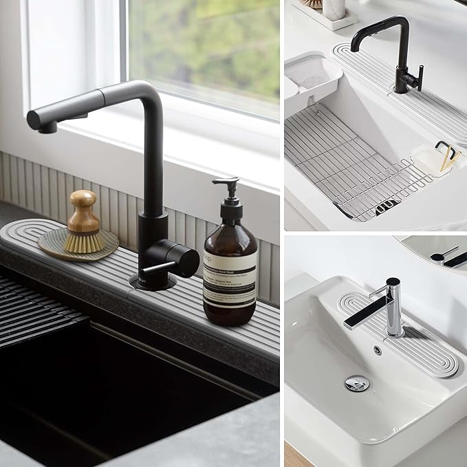 Stone Faucet Mat for Kitchen Sink – Diatomite Fast-Drying Stone Tray, Faucet Mat Sink Splash Guard, Decorative Sink Protector for Kitchen Bathroom Counter (Light Grey, 23.6''x3.9'')