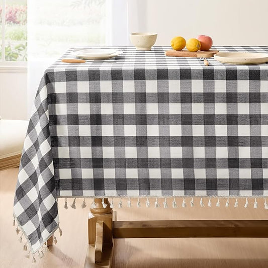 Softalker Checkered Tablecloth Rectangle, Outdoor Linen Cotton Gingham Table Cloth with Tassel, Heavy Duty Wrinkle Free Buffalo Plaid Table Cover for Kitchen Dining Summer Party - 55 x 70 Inch, Black