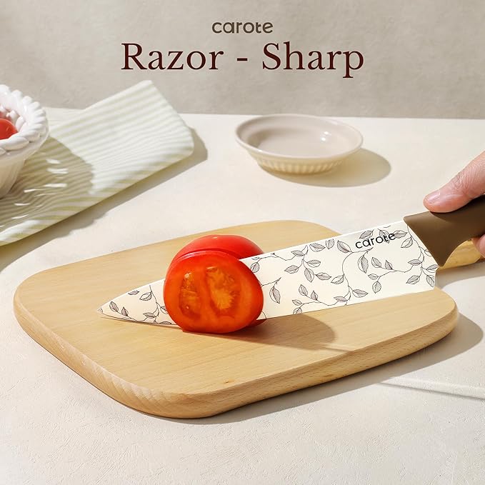 CAROTE 12PCS Knife Set, Kitchen Knife Set with 6 Blade Guards, Stainless Steel Knives Set With Nonstick Ceramic Coating, Rustproof, Delicate Floral Designs, White (Pack of 2)