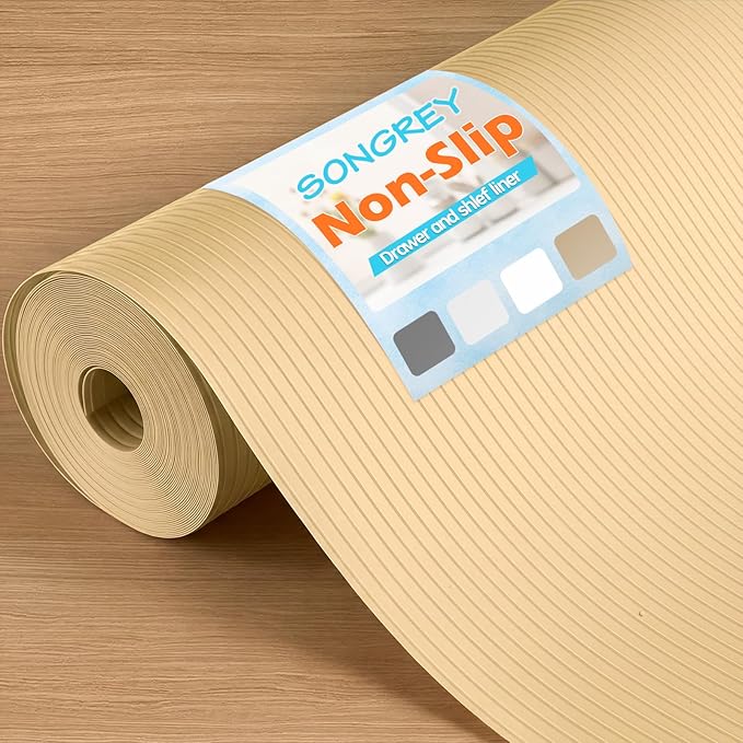 Songrey Non-Adhesive Shelf Liner, 23.6IN x 10FT Waterproof Cabinet & Drawer Liner, EVA Material Non-Slip Mat for Kitchen Cupboard, Refrigerator, Easy to Cut, Washable, Beige
