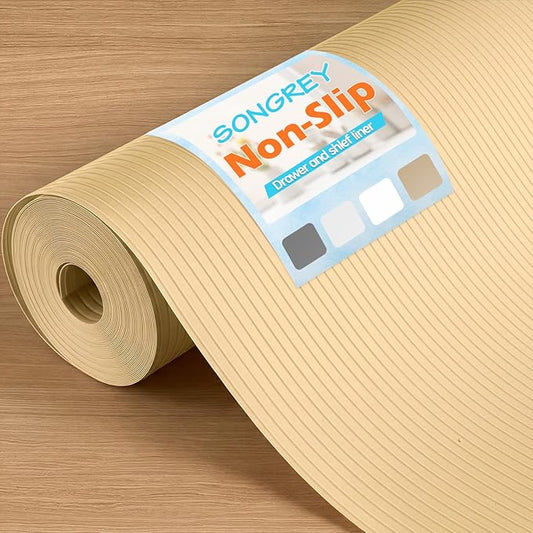 Songrey Non-Adhesive Shelf Liner, 23.6IN x 30FT Waterproof Cabinet & Drawer Liner, EVA Material Non-Slip Mat for Kitchen Cupboard, Refrigerator, Easy to Cut, Washable, Beige