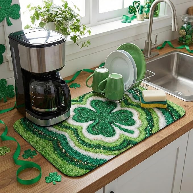 St Patrick’s Day Dish Drying Mat: 12’’x20’’ Green Shamrock Absorbent Counter Protector, Non-Slip Bar & Coffee Mat - Irish Lucky Clover Gold Coin Theme Home Kitchen Holiday Decor