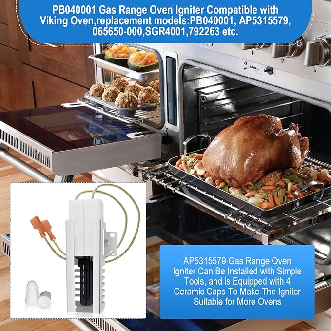 PB040001 Igniter-Gas Oven Igniter, for Viking Range Oven Igniter, for Viking Igniter Part Numbers: AP5315579 065650-000 SGR4001 792263 etc. with Ceramic Nuts.