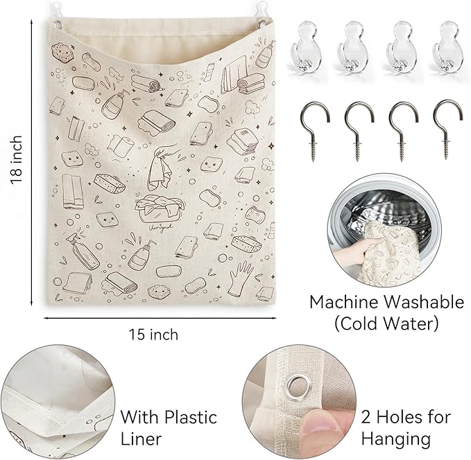 Reusable Dirty Rag Storage Bag, Linen Dish Towel Bag with Plastic Liner for Under Sink Cabinet Door Organizer